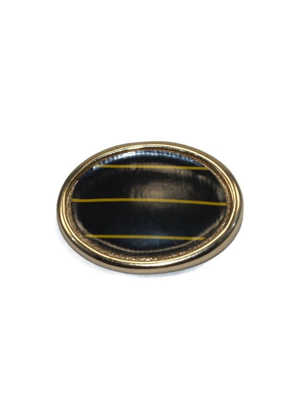 Vintage Gold Tone and Black Plastic with Gold Stripes Oval Brooch.